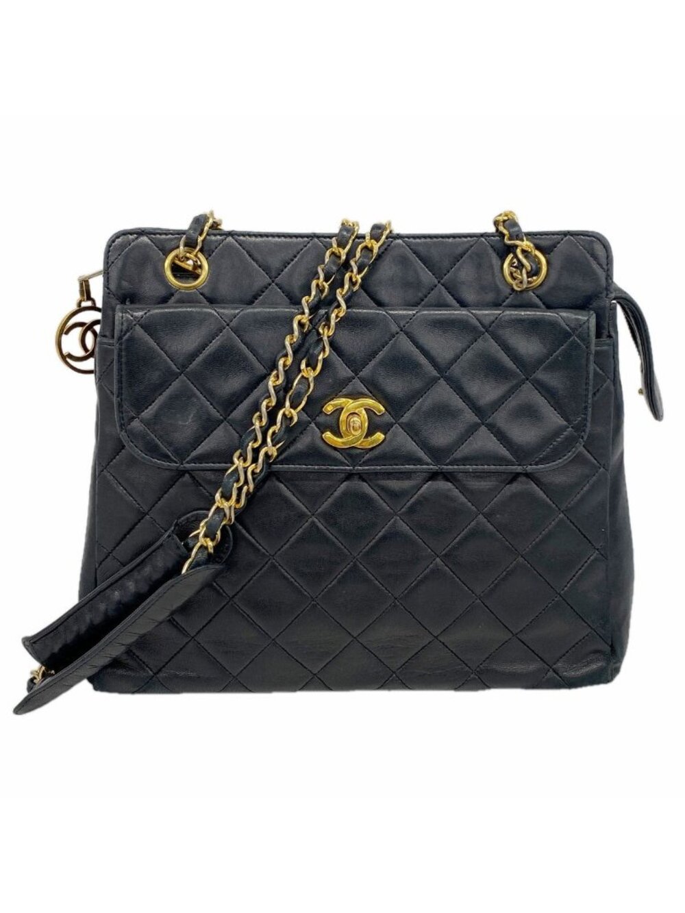 Chanel Chain Tote Bag Quilted Lambskin Black Gold